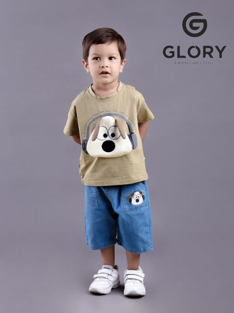 Boys Co-Ord Set With Denim Shorts & Cute Puppy Patched T-shirt