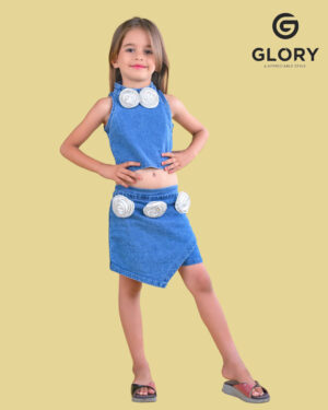 Girls Denim 2 Piece CO-Ord Set With Glittered White Rose Patches
