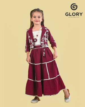 Girls 3 Piece Maroon Co-Ord Set With Embroidery & Necklace