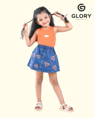 Girls Orange Top With Denim Skirt Full Set