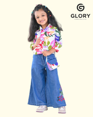 Girls Multi Color Floral Co-Ord Set With Denim Palazzo & Matching Purse