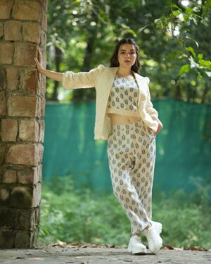 Women's  Linen Cord Set  With Blazer & Block Print