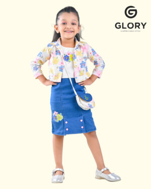 Girls Denim Dresses With Floral Print Jacket & Purse