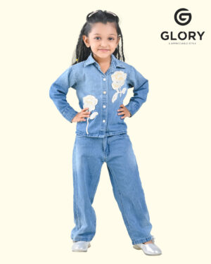 Girls Denim Co-Ord Set With Cream Flower Patch Top