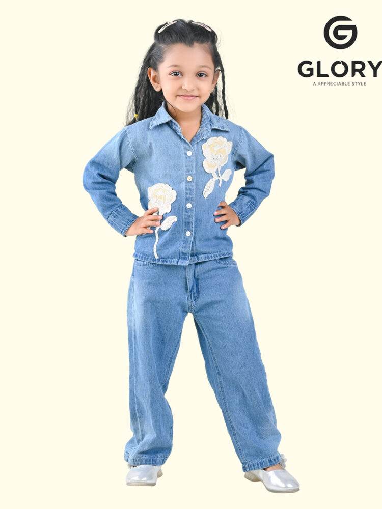 Girls Denim Co-Ord Set With Cream Flower Patch Top