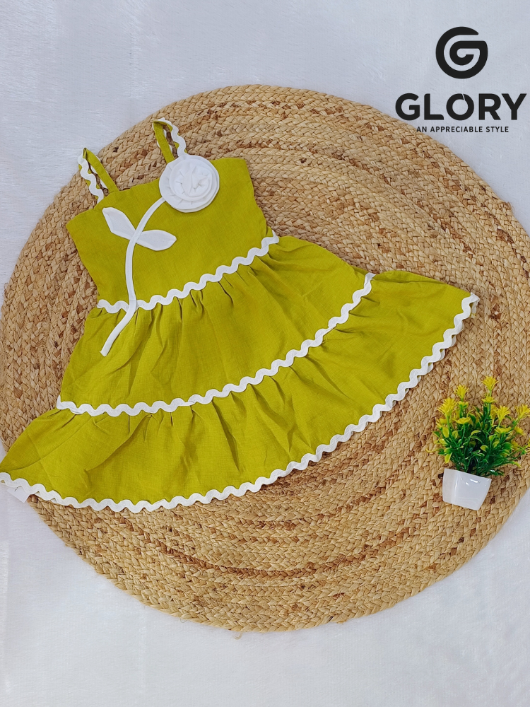 Girls Solid Lime Color Middy With Flower Patch