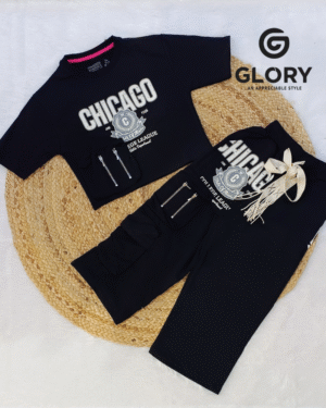 Girls Black Chicago Print Co Ord Set With Fancy Side Pockets