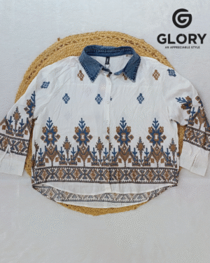 Women's White Base Fancy Top With Thread Work & Denim Collar