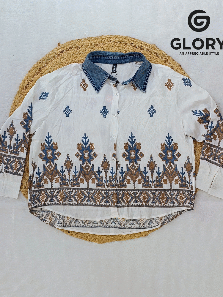 Women's White Base Fancy Top With Thread Work & Denim Collar