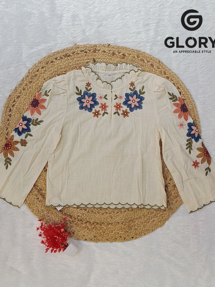 Women's Linen Top With Fancy Floral Embroidery Work