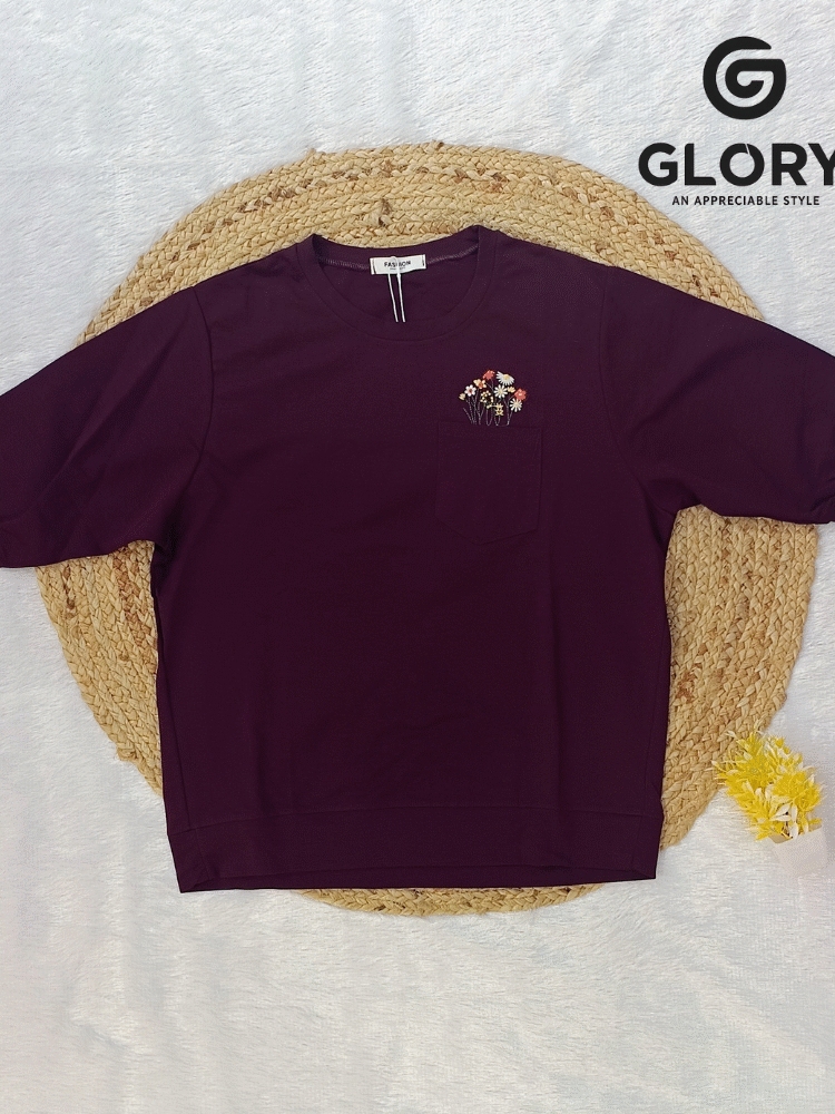 Women's Fancy T-shirt With Minimal Floral Thread Work Pocket