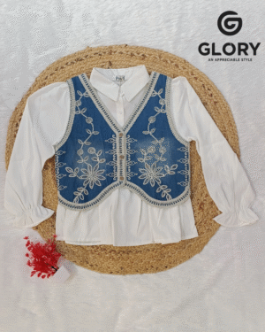 Women's Fancy White Base Top With Detachable Denim Waistcoat