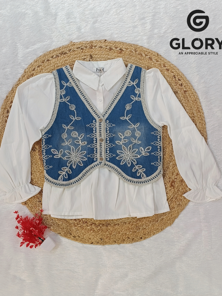 Women's Fancy White Base Top With Detachable Denim Waistcoat
