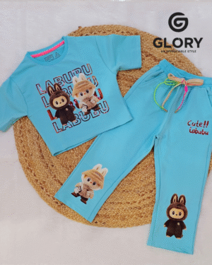 Girls Aqua Blue LABUBU Themed Co Ord Set With Shiny Print