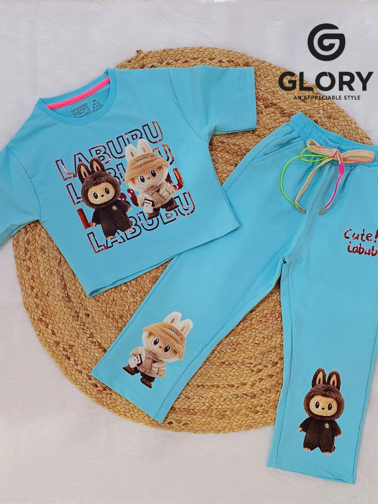 Girls Aqua Blue LABUBU Themed Co Ord Set With Shiny Print