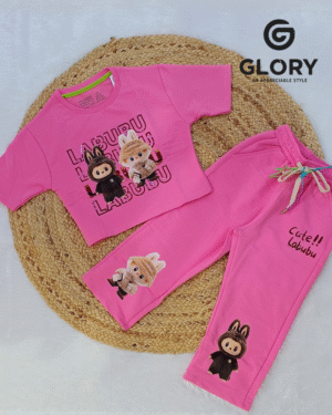 Girls Baby Pink LABUBU Themed Co Ord Set With Shiny Print