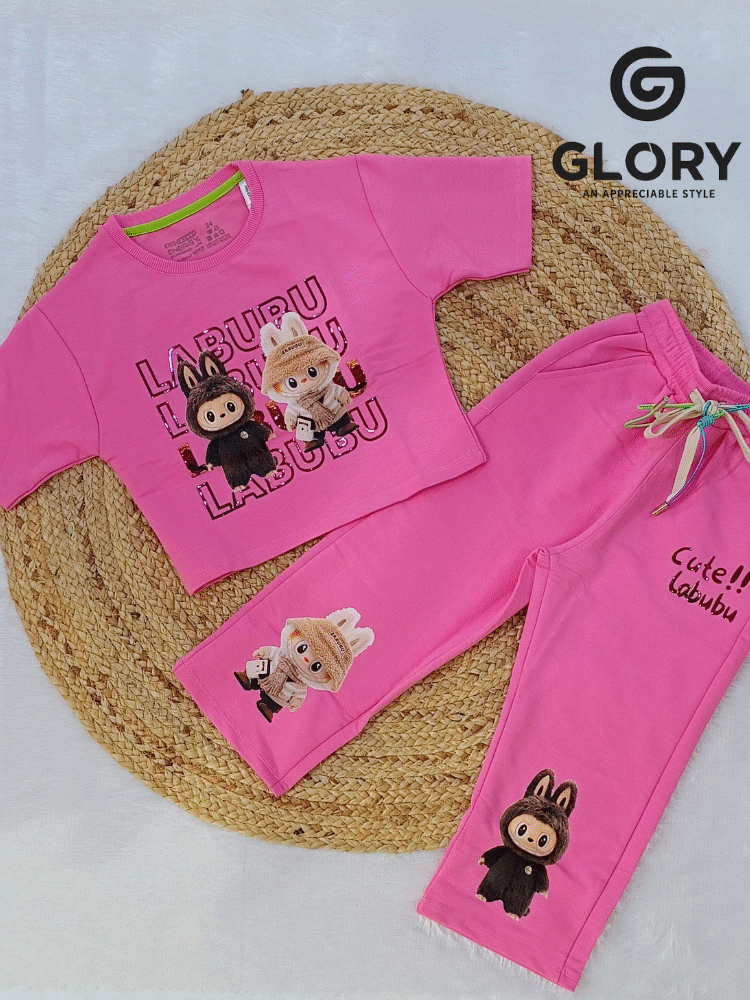 Girls Baby Pink LABUBU Themed Co Ord Set With Shiny Print