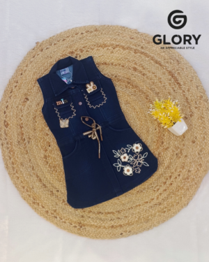 Girls Denim Sleeveless One Piece With Flower Thread Work