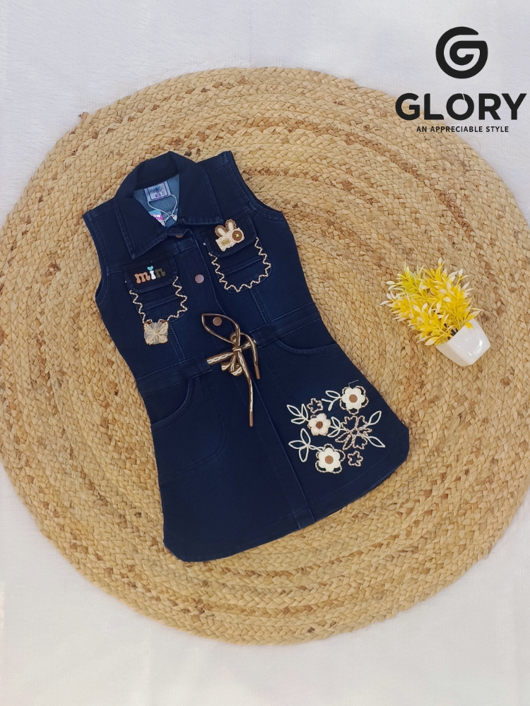 Girls Denim Sleeveless One Piece With Flower Thread Work