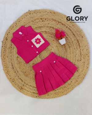 Girls Queen Pink Cord Set With Thread Work Patched Top & Skirt