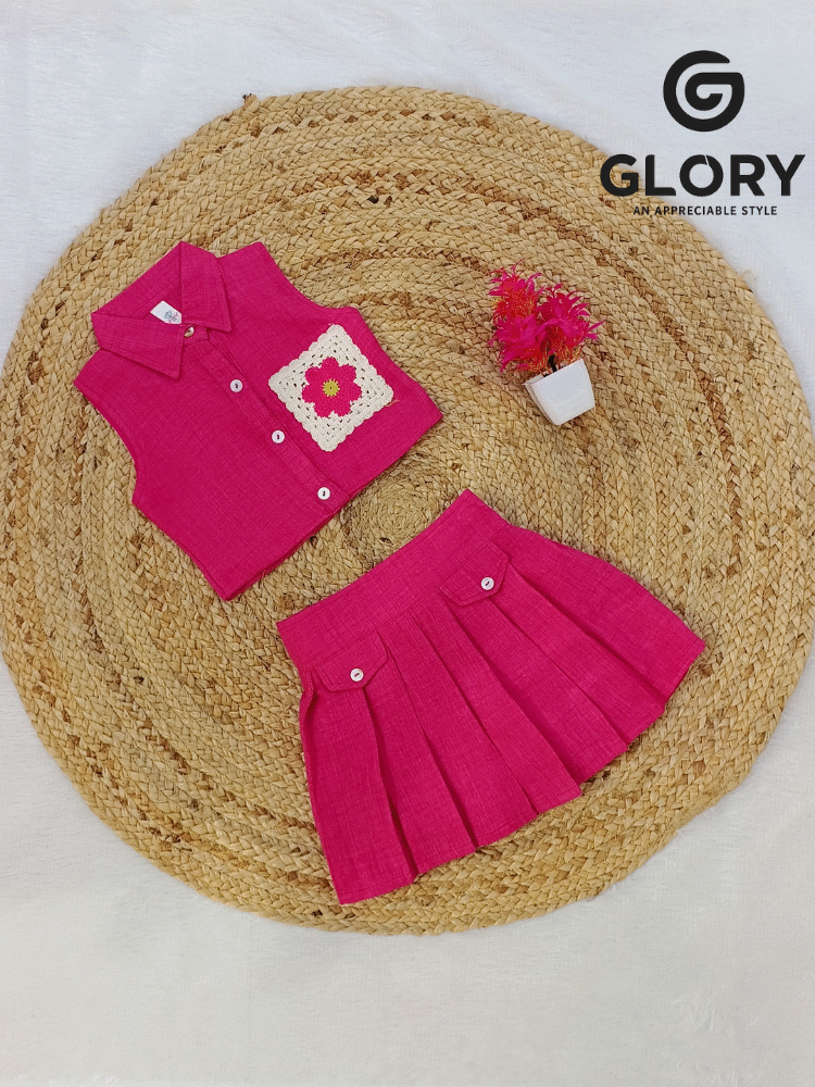 Girls Queen Pink Cord Set With Thread Work Patched Top & Skirt