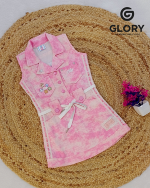 Girls Pink Acid Wash Sleeveless One Piece With Sequence Work