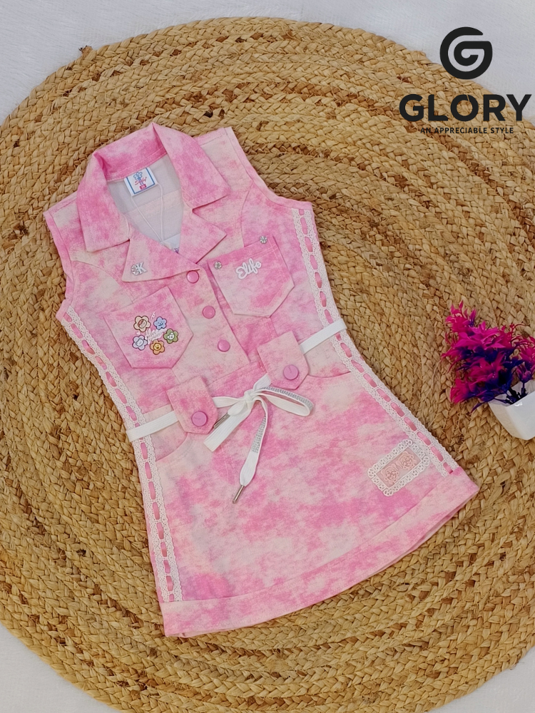 Girls Pink Acid Wash Sleeveless One Piece With Sequence Work