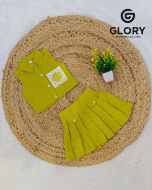 Girls Lemon Green Cord Set With Thread Work Patched Top & Skirt