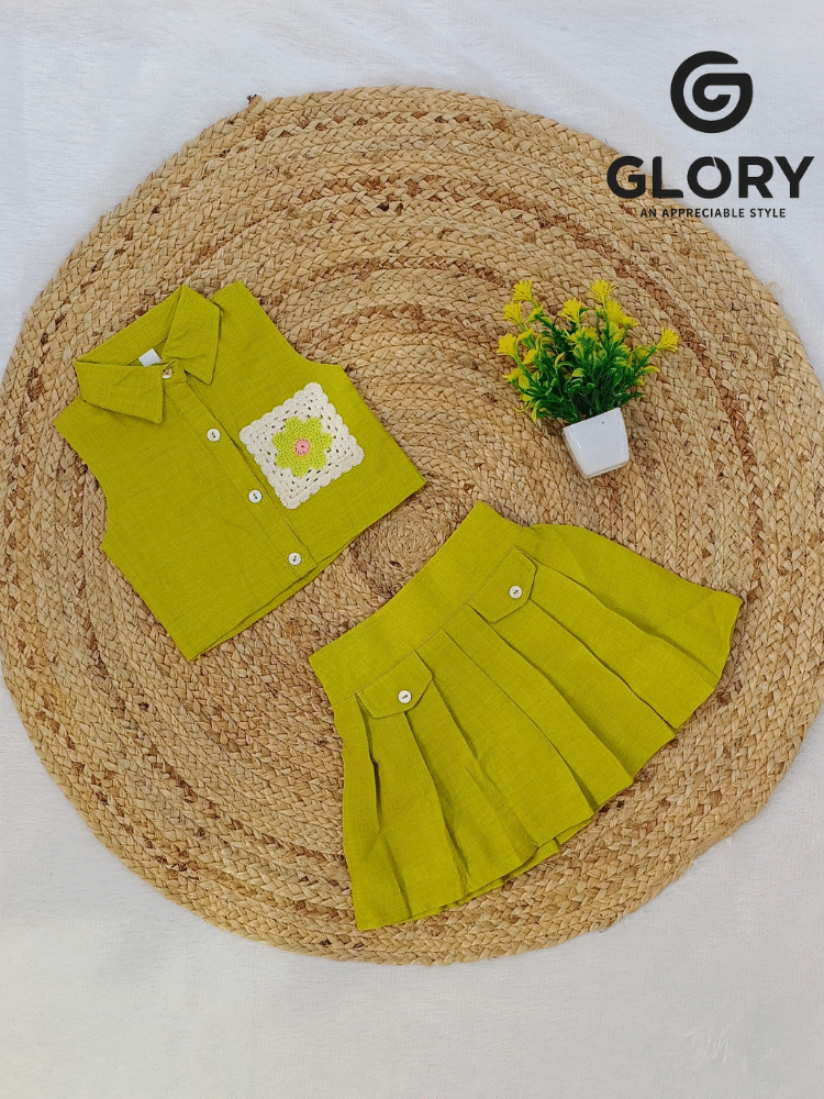 Girls Lemon Green Cord Set With Thread Work Patched Top & Skirt