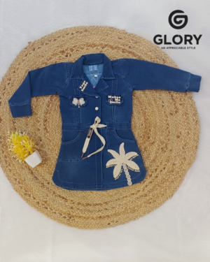 Girls Denim Full Sleeve One Piece With Coconut Tree Thread Work