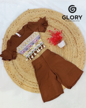Girls Rustic Brown Cord Set With Traditional Work Top & Palazzo