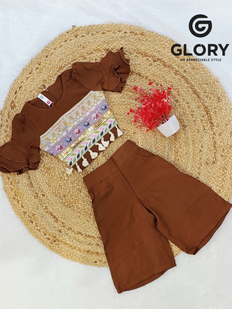 Girls Rustic Brown Cord Set With Traditional Work Top & Palazzo