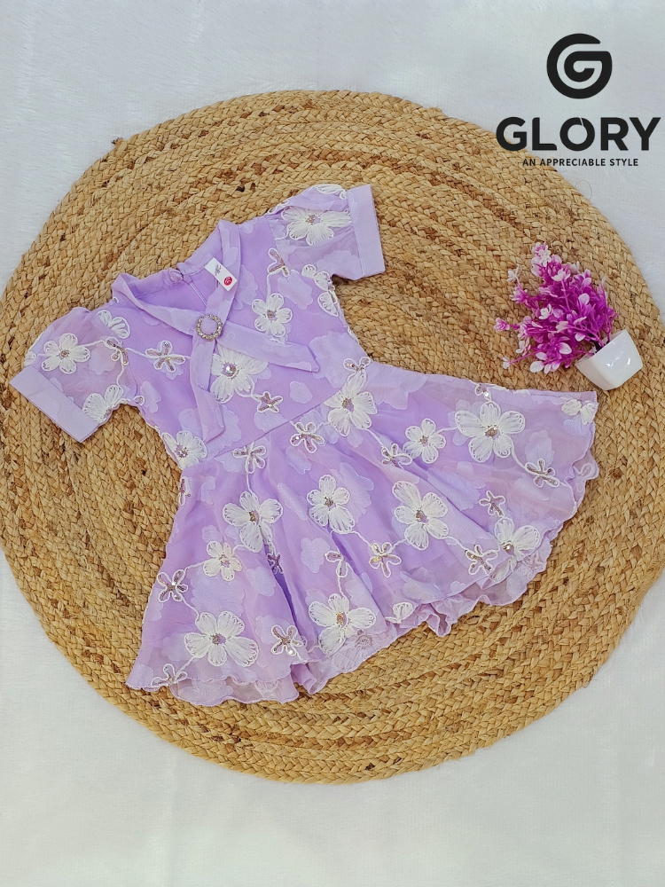 Girls Lavender Half Sleeve Beautiful Floral Sequence Work Frock