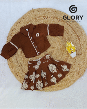 Girls Cocoa Brown Cord Set With Floral Patched Top &  Royal Skirt