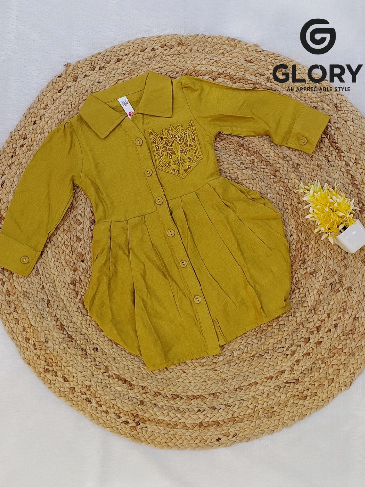 Girls Mustard Yellow Full Sleeve One Piece With Unique Pocket
