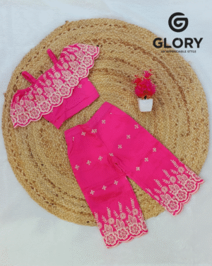 Girls Royal Pink Cord Set With Off Shoulder Crop Top & Palazzo