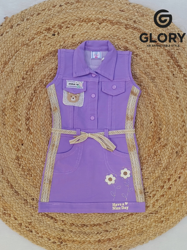 Girls Lavender Sleeveless One piece With Cute Teddy Patch