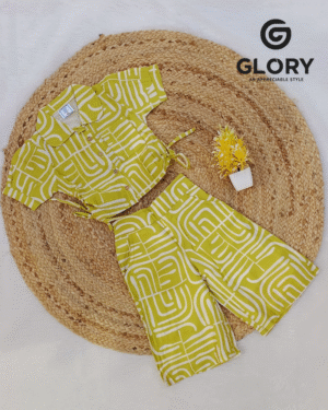 Girls Lemon Green Cord Set With Side Knot Top & Palazzo