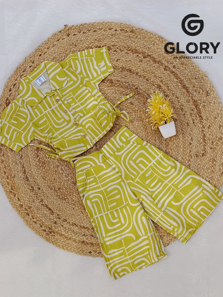 Girls Lemon Green Cord Set With Side Knot Top & Palazzo