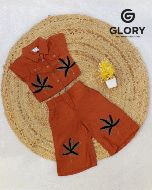 Girls Rusty Orange Cord Set With Embroidered Leaf Motif Design