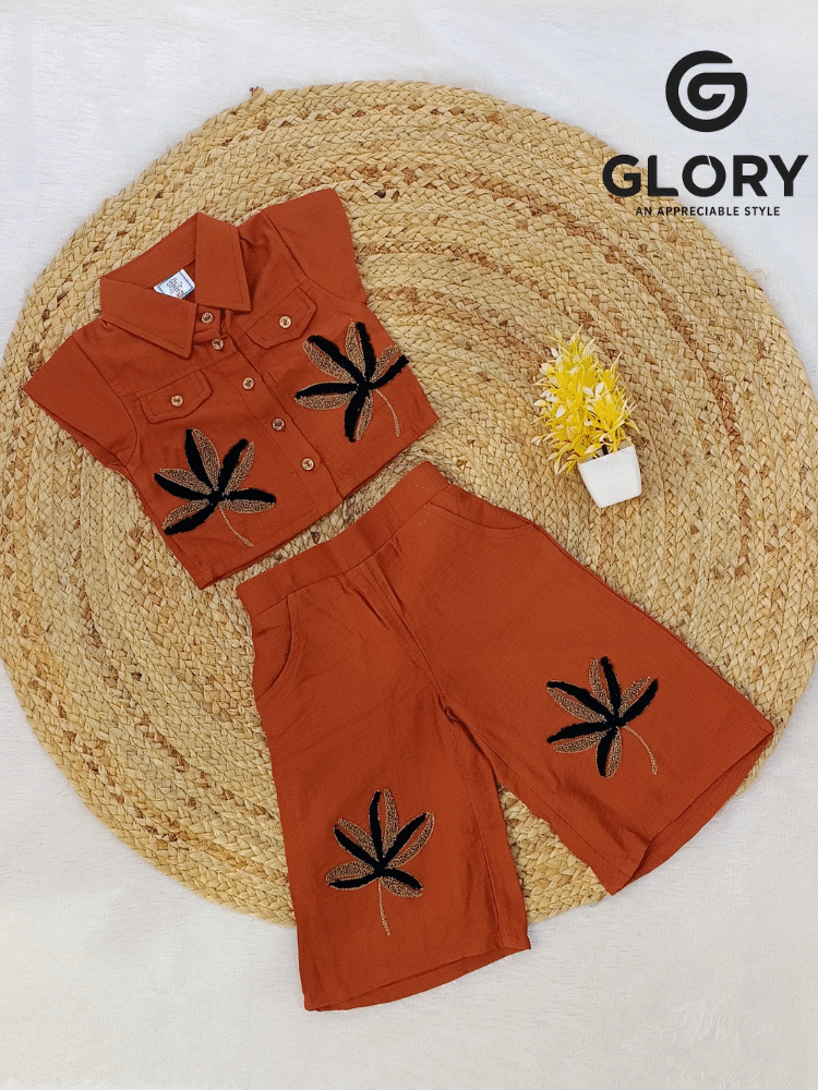 Girls Rusty Orange Cord Set With Embroidered Leaf Motif Design