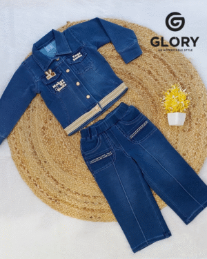 Girls Denim Cord Set With Back Print & Floral Patches