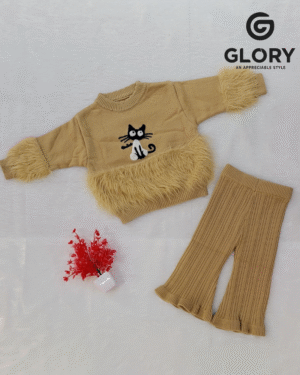 Girls Camel Brown Cord Set With Kitty Patch & Furry Top