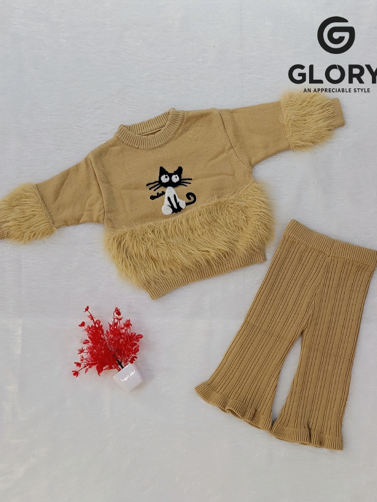 Girls Camel Brown Cord Set With Kitty Patch & Furry Top