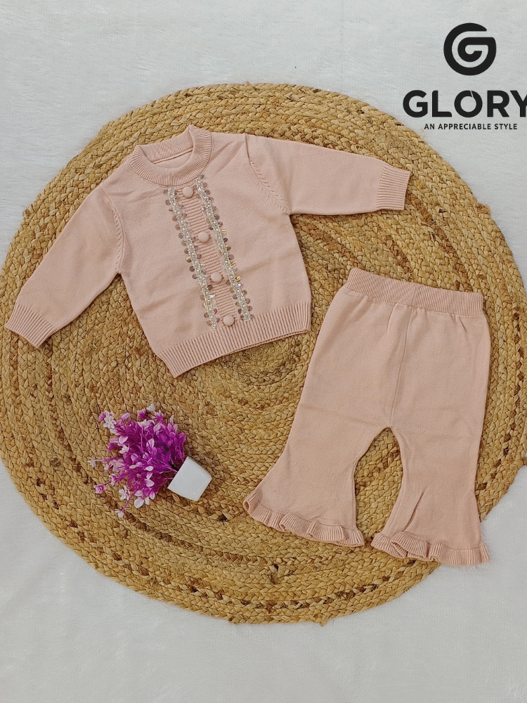 Girls Soft Rose Pink Cord Set With Elegant Sequence Work Top