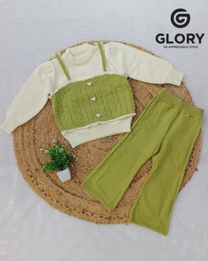 Girls Cream & Pistachio Cord Set With Hearty Buttons Top