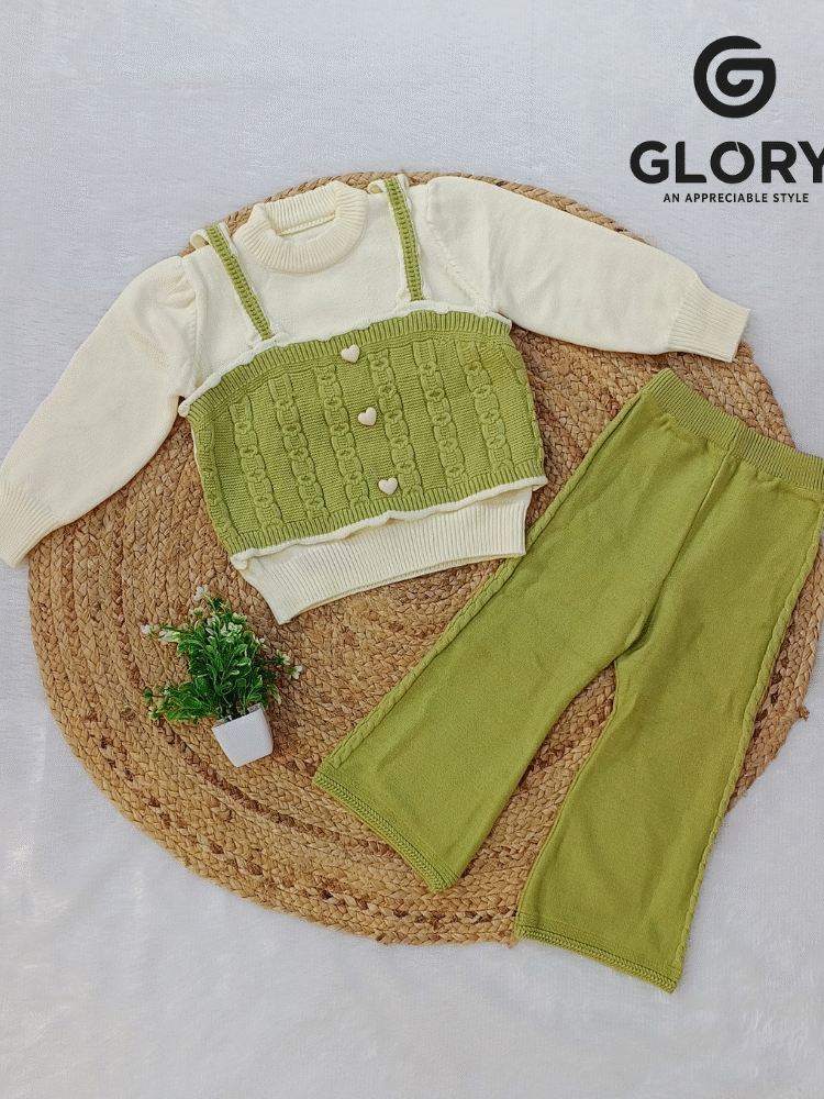 Girls Cream & Pistachio Cord Set With Hearty Buttons Top