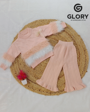 Girls Peach Blush Cord Set With Glittery Fur Top
