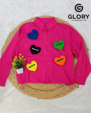 Women’s Pink Oversized Crop Shirt with Colorful Heart Patches