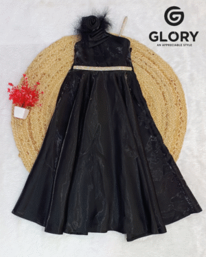 Black Feather Rose One-Shoulder Gown